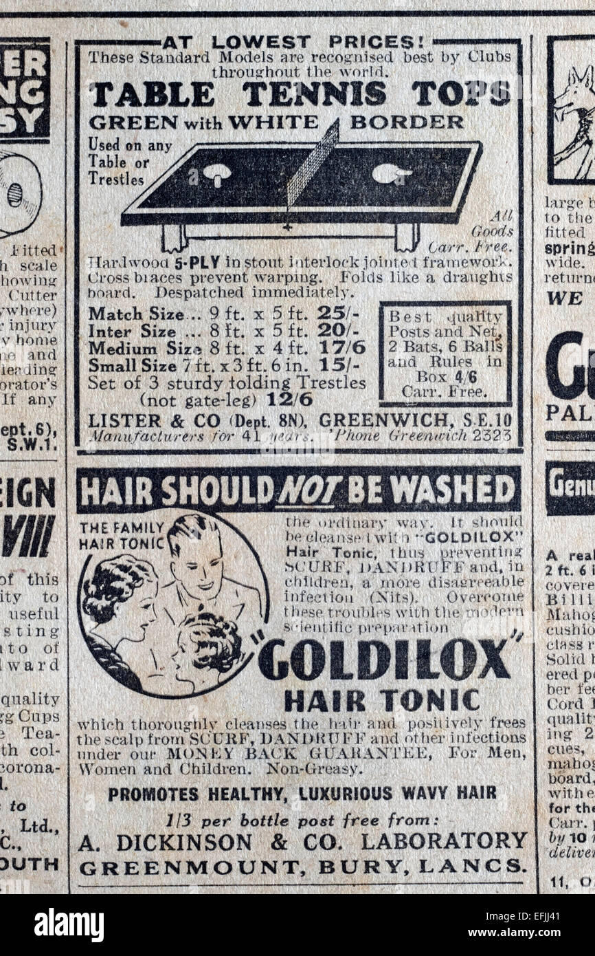 newspaper advertisement cutting from the late 1930s early 1940s for lister and co table tennis tops and goldilox hair tonic Stock Photo