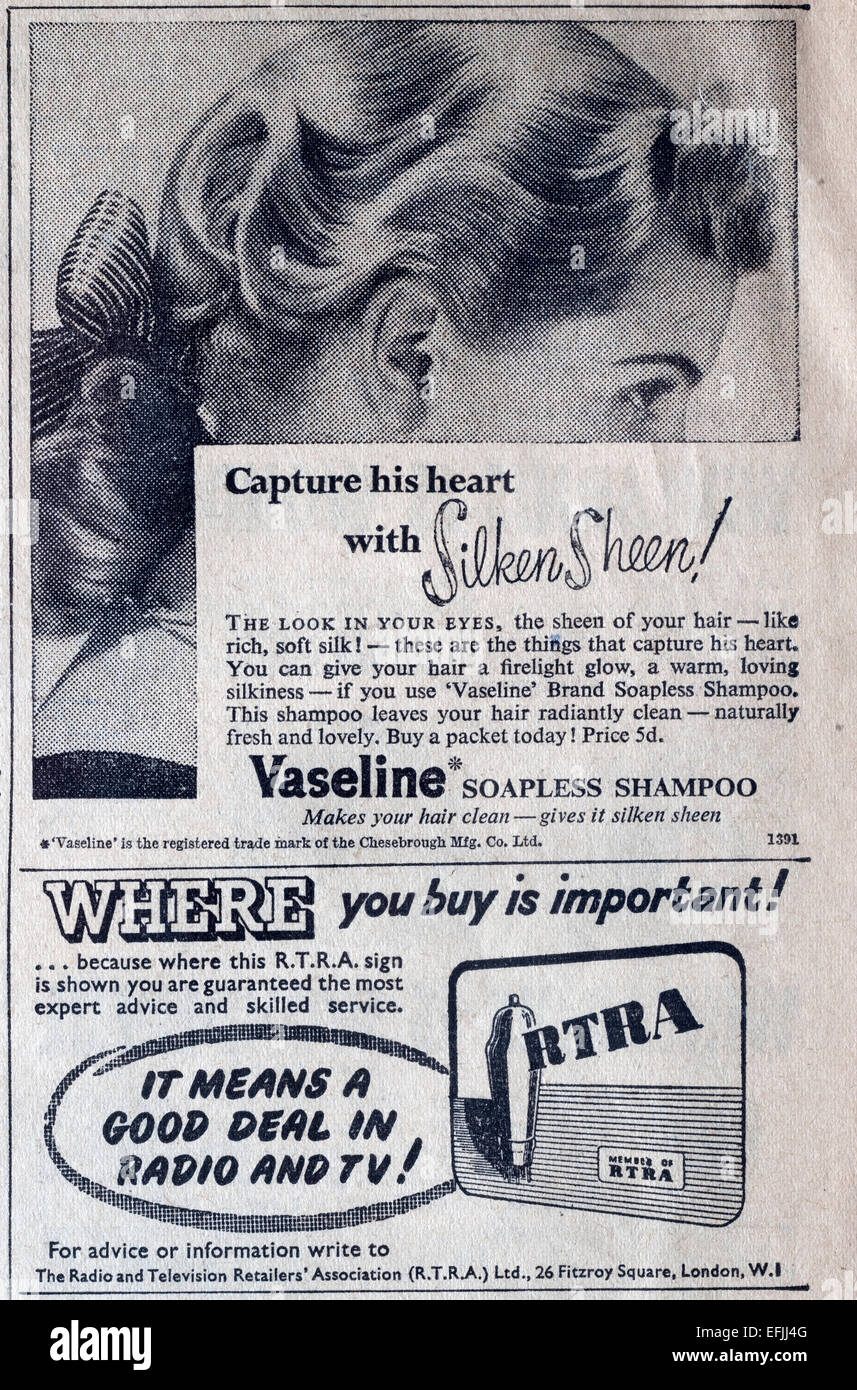 newspaper advertisement cutting from the late 1930s early 1940s for vaseline silver sheen shampoo Stock Photo