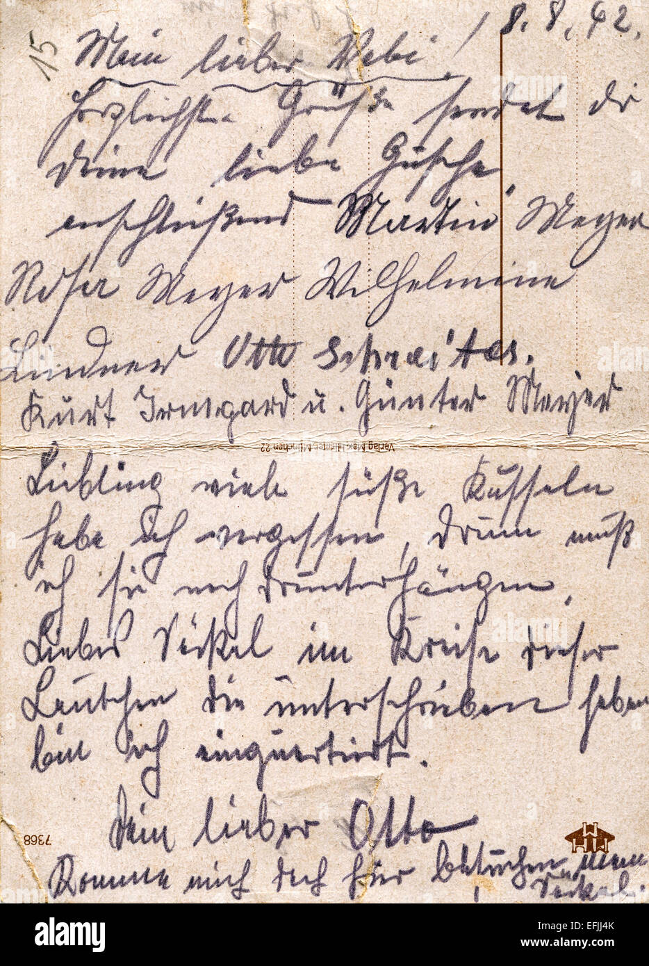 Fragment of an old handwritten letter, written in Germany in 1942. Rich stain and paper details Stock Photo