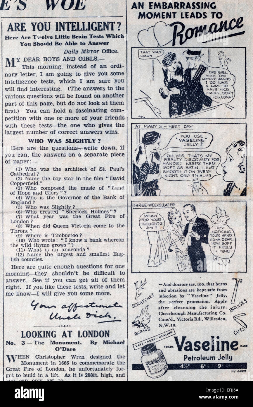 newspaper advertisement cutting from the late 1930s early 1940s for vaseline - Stock Image