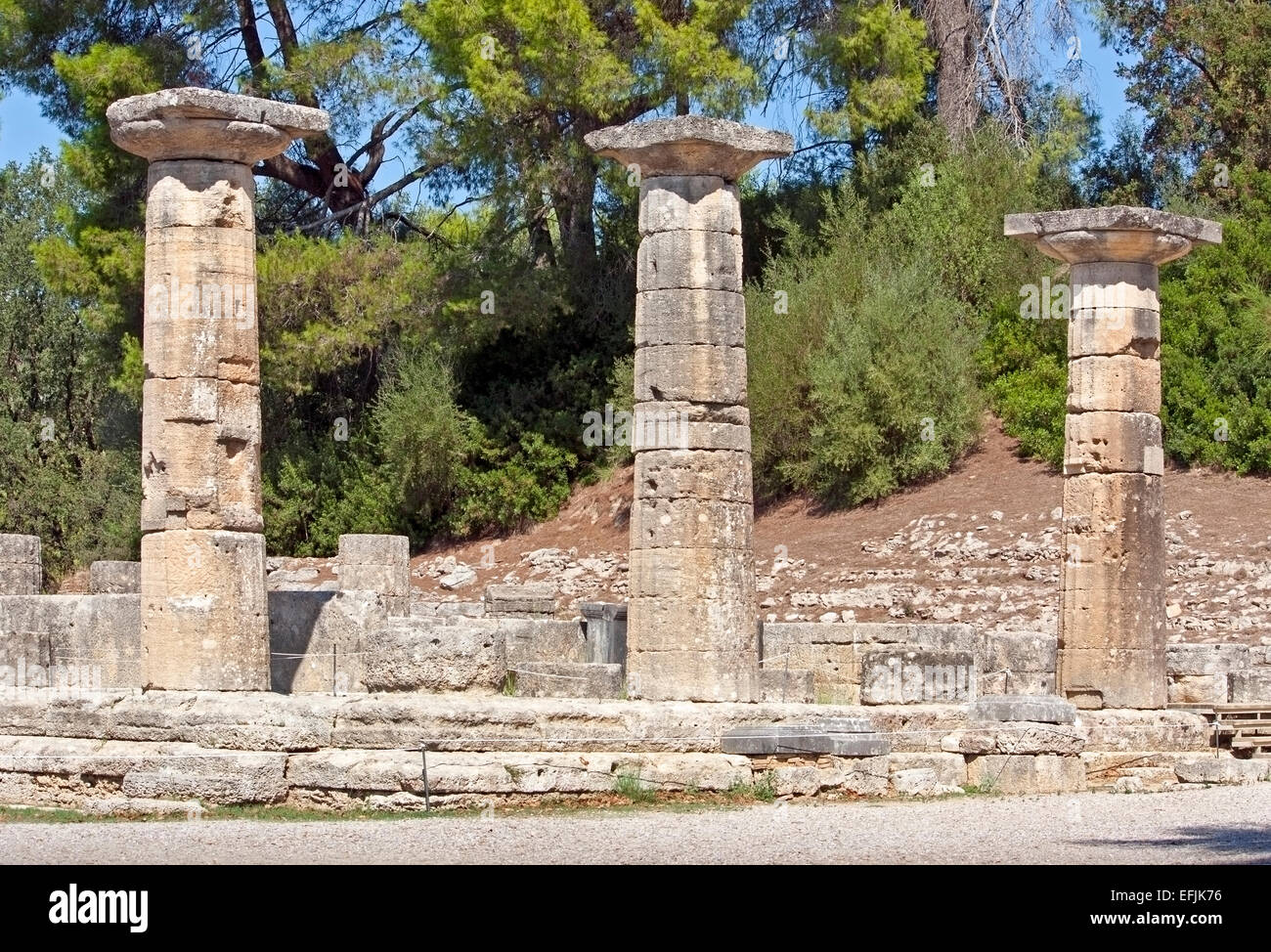 Doric columns in the ruins of the Temple of Hera , Ancient Olympia, The Peloponnese, Greece Stock Photo