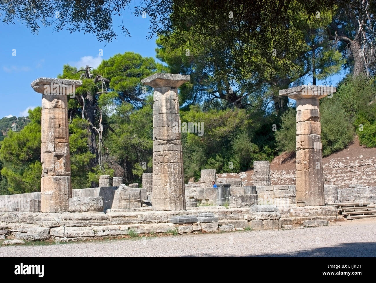 Doric columns in the ruins of the Temple of Hera , Ancient Olympia, The Peloponnese, Greece Stock Photo