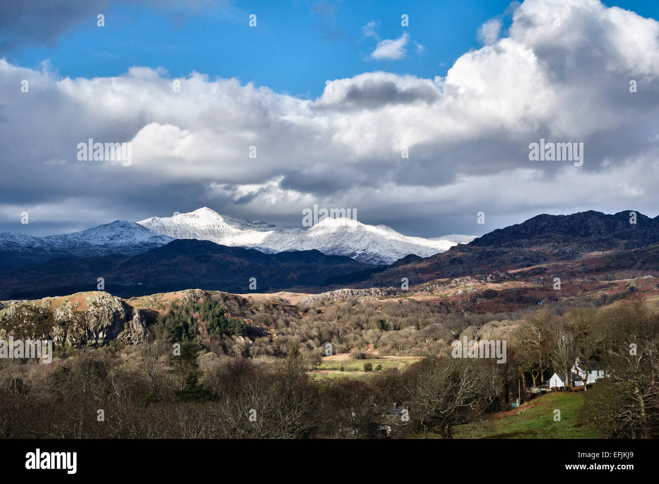 Snowdonia National Park, North Wales, UK. View of a snow covered Mount Snowdon from the Plas Brondanw estate near Portmeirion Stock Photo