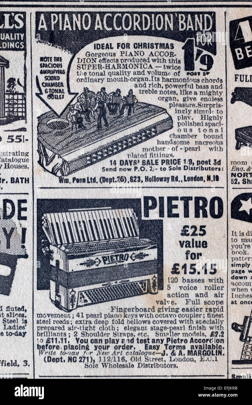 newspaper advertisement cutting from the late 1930s early 1940s for pietro accordions and keyboards Stock Photo