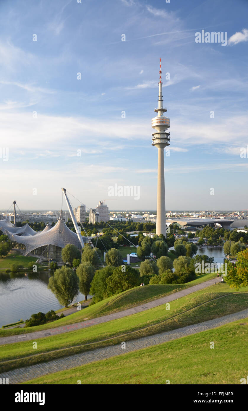Cover sports complex olympiapark and Olympiahalle with Olympiasee Stock Photo