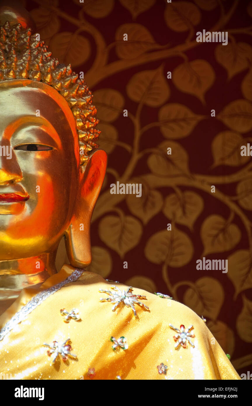Vertical close up of a traditional golden Buddha adorning the Wat Phan An in Chiang Mai in Thailand Stock Photo