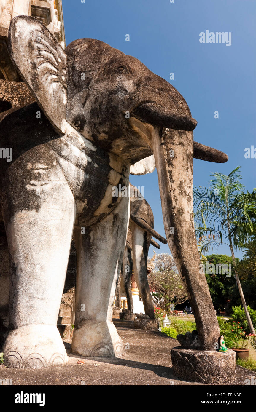 Vertical close up of the stone elephants supporting the chedi at Wat Chiang Man in Ch Stock Photo