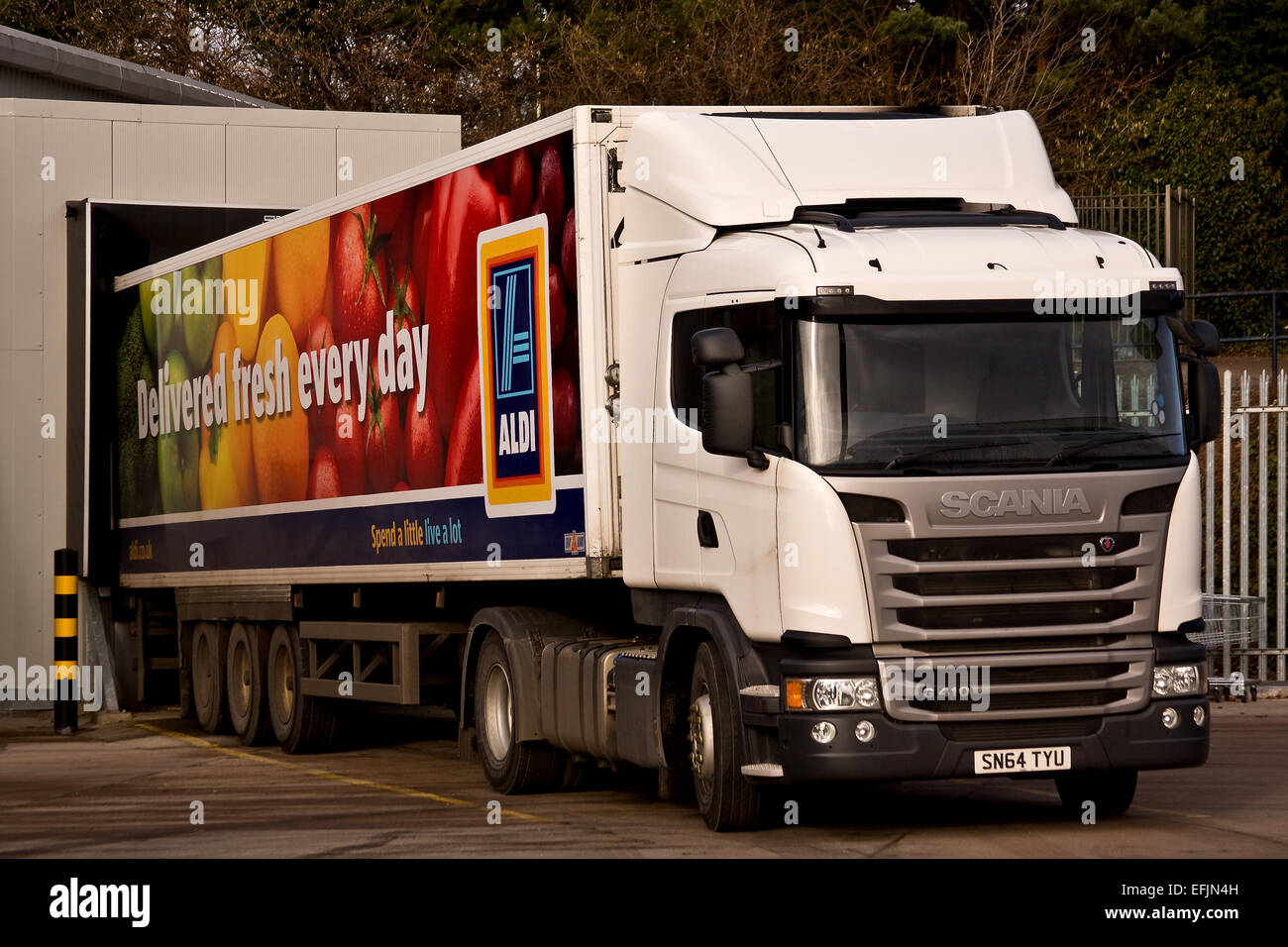 Aldi articulated Lorry delivering products to their Aldi Retail Store at "The Stack Leisure Park