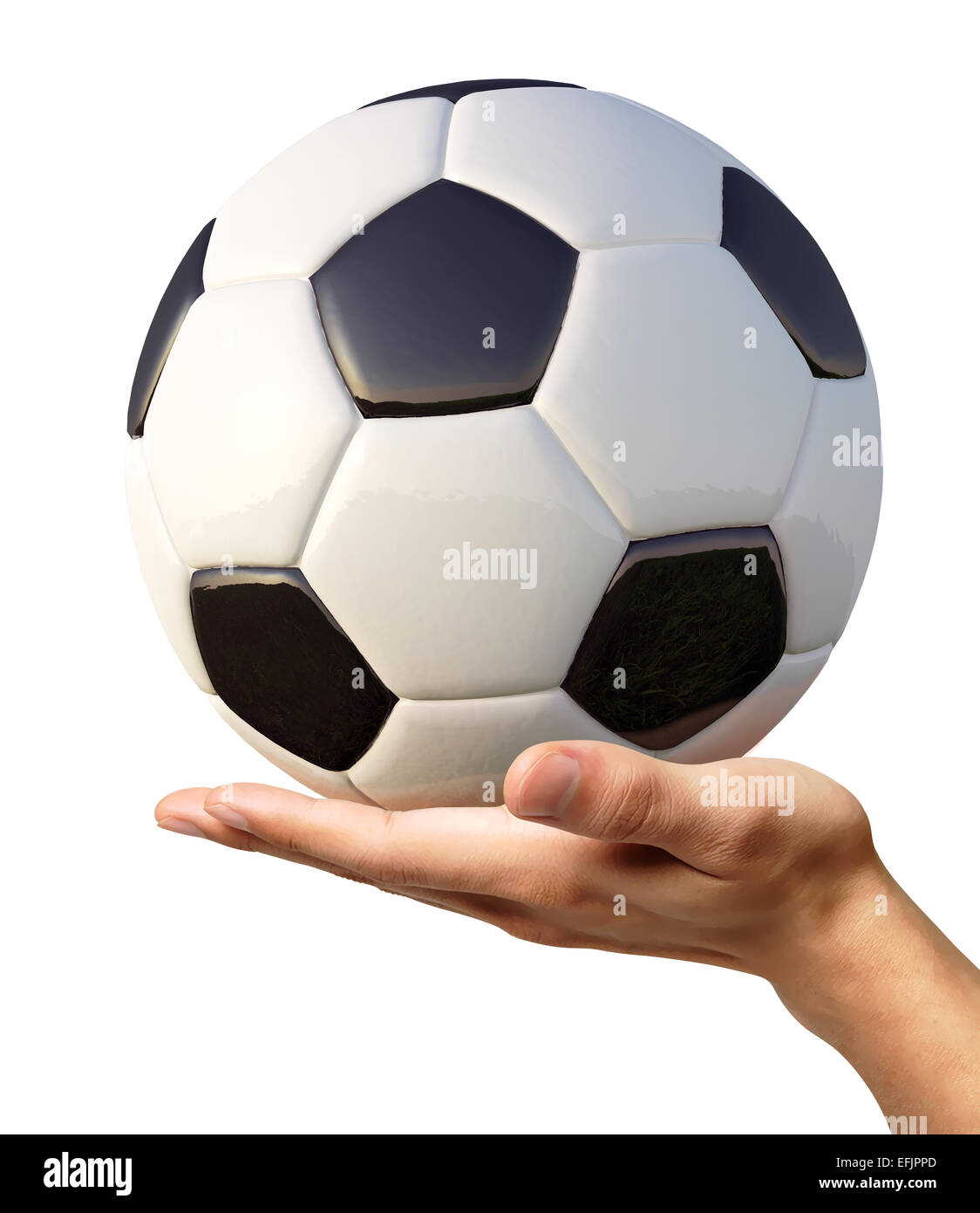 Man's hand holding a soccer ball on palm, viewed from a side. On white background. Clipping path included. Stock Photo