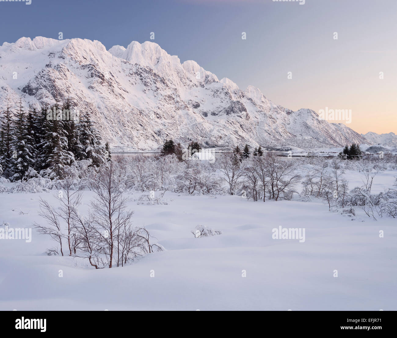 Snowy landscape near Vestpollen, Rulten mountain, Austnesfjorden, Austvagoya, Lofoten, Nordland, Norway Stock Photo