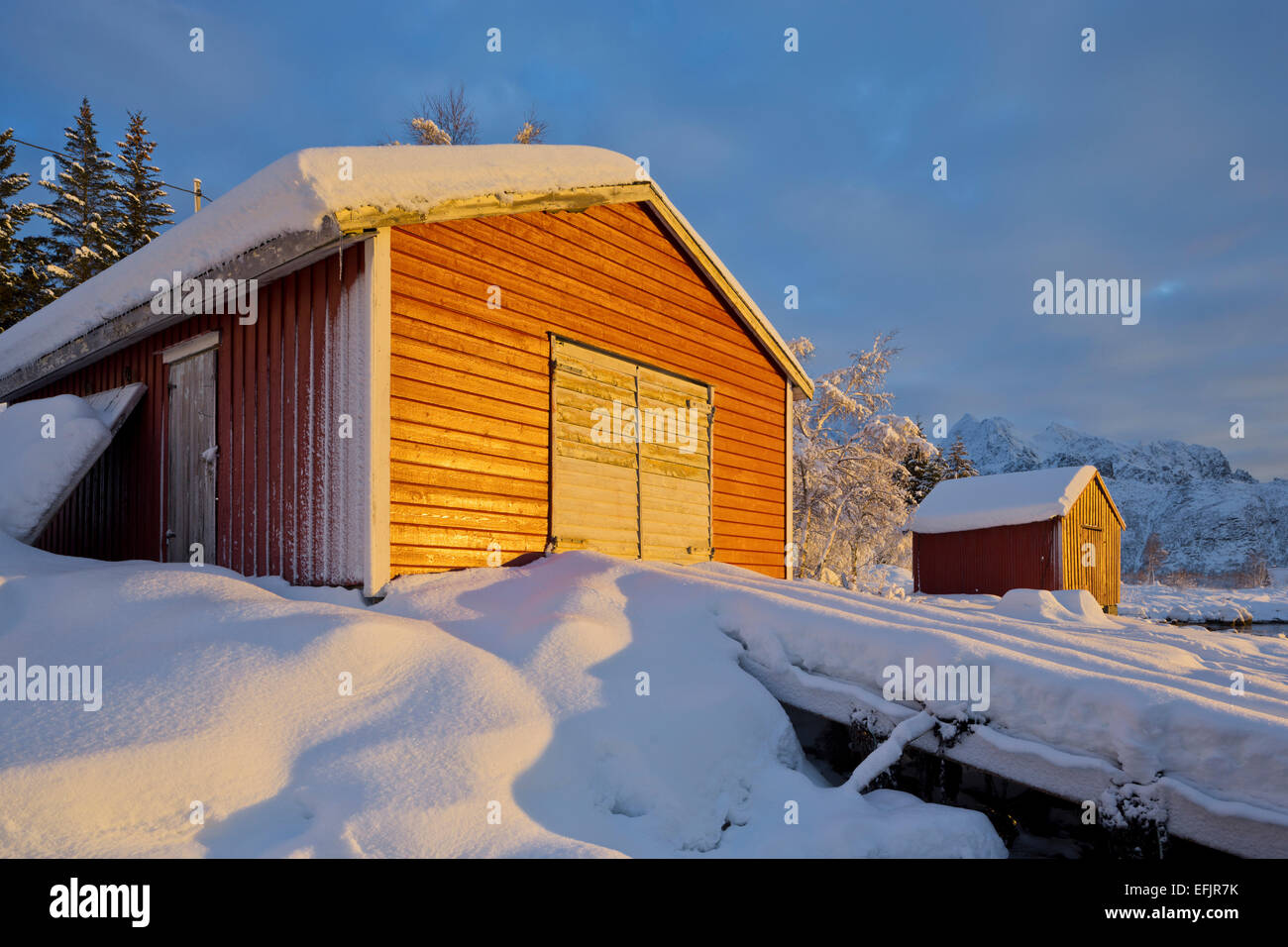 Boats house near Gammelgarden, Austnesfjorden, Austvagoya, Lofoten, Nordland, Norway Stock Photo