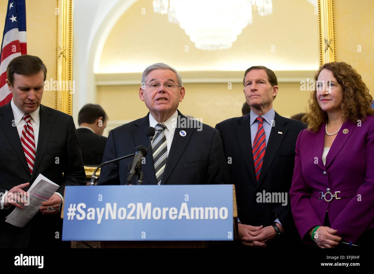 US Democratic Senator Bob Menendez unveiled the Large Capacity Ammunition Feeding Device Act along with Congresswoman Elizabeth Esty and Senators Richard Blumenthal and Chris Murphy during a press briefing February 5, 2015 in Washington, DC. The bill will ban gun magazines that hold more than ten rounds of ammunition. Stock Photo