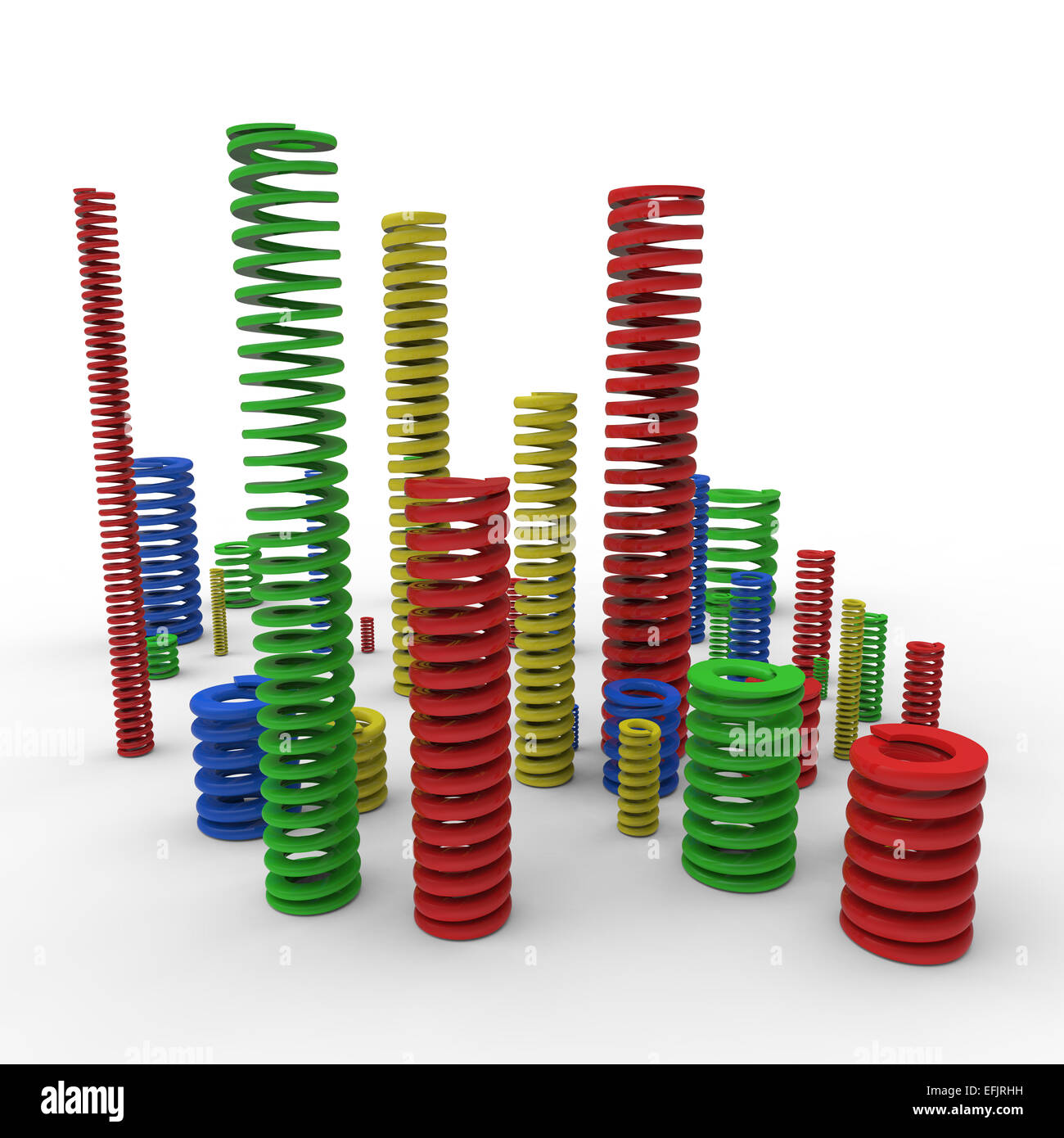 die compression springs with different colors and sizes to iso10243 on white background Stock Photo