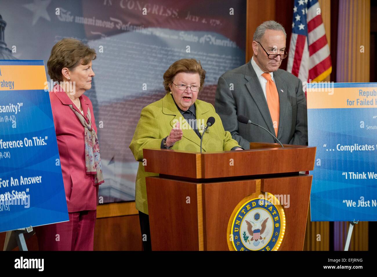 US Democratic Senator Barbara Mikulski along with Senators Chuck Schumer and Jeanne Shaheen during a press briefing following the defeat of a third DHS funding bill by Republicans February 5, 2015 in Washington, DC. Stock Photo