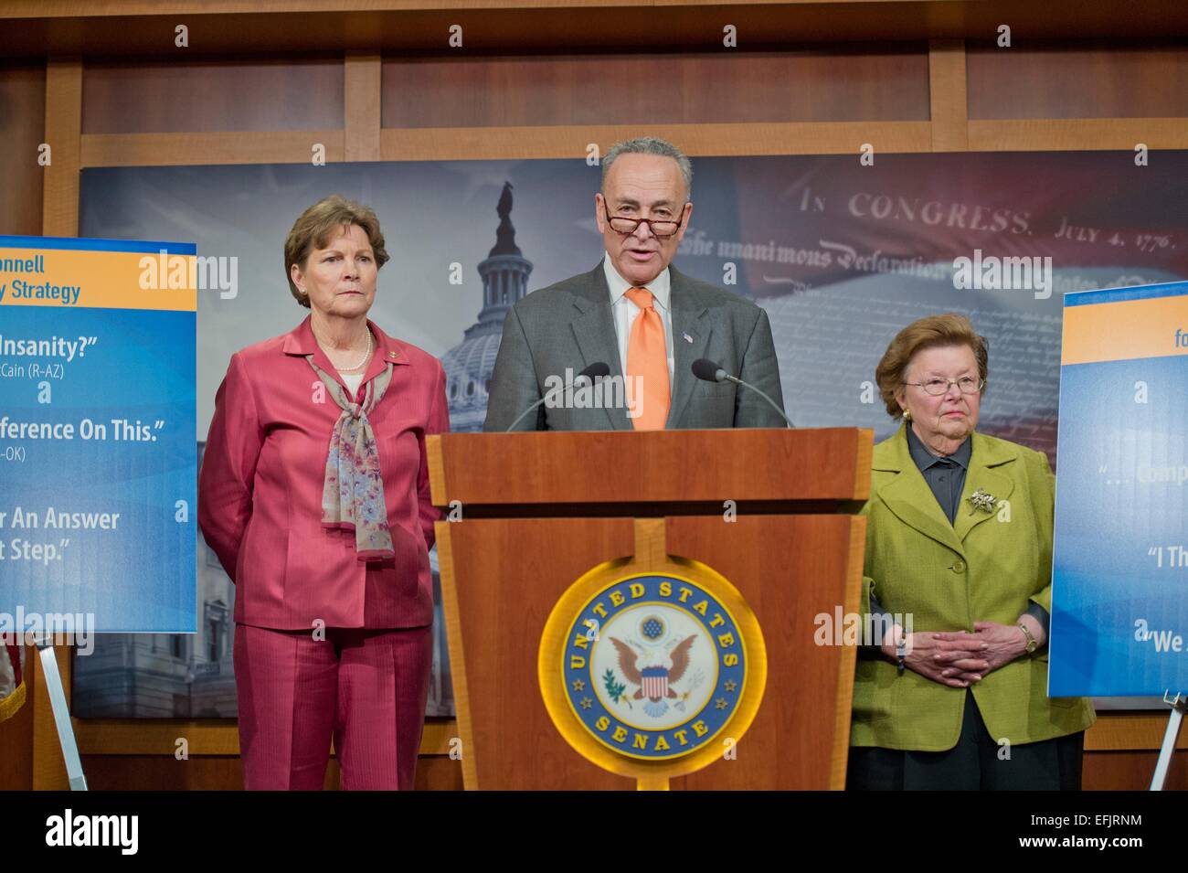 US Democratic Senator Chuck Schumer along with Senators Jeanne Shaheen and Barbara Mikulski during a press briefing following the defeat of a third DHS funding bill by Republicans February 5, 2015 in Washington, DC. Stock Photo
