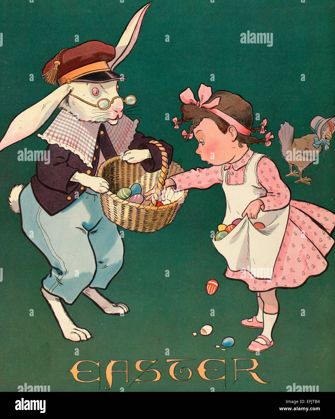 Vintage  Illustration shows a little girl taking all the colored eggs from the Easter Bunny's basket; she is putting them in her apron, but some have fallen on the ground and are broken. There is a hen wearing a bonnet in the background, circa 1903 Stock Photo