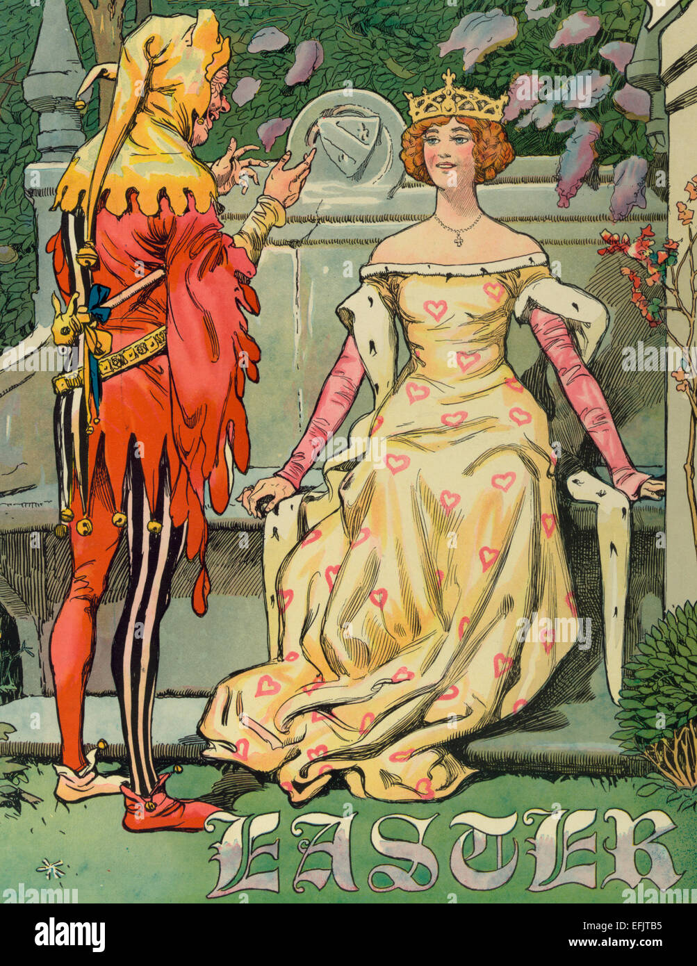 Illustration shows a court jester entertaining a young woman wearing a crown on her head, sitting on a large stone bench, circa 1906 Stock Photo