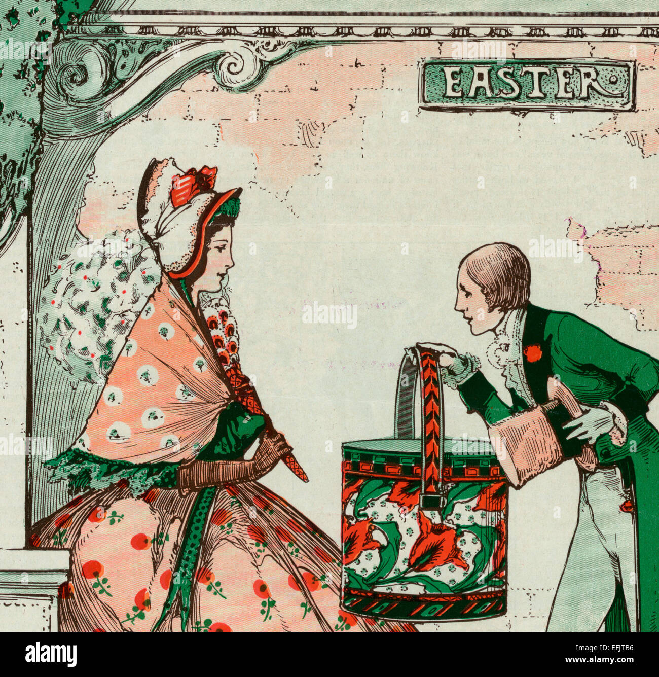 Illustration shows a man presenting a large hat box to a woman at Easter. Stock Photo