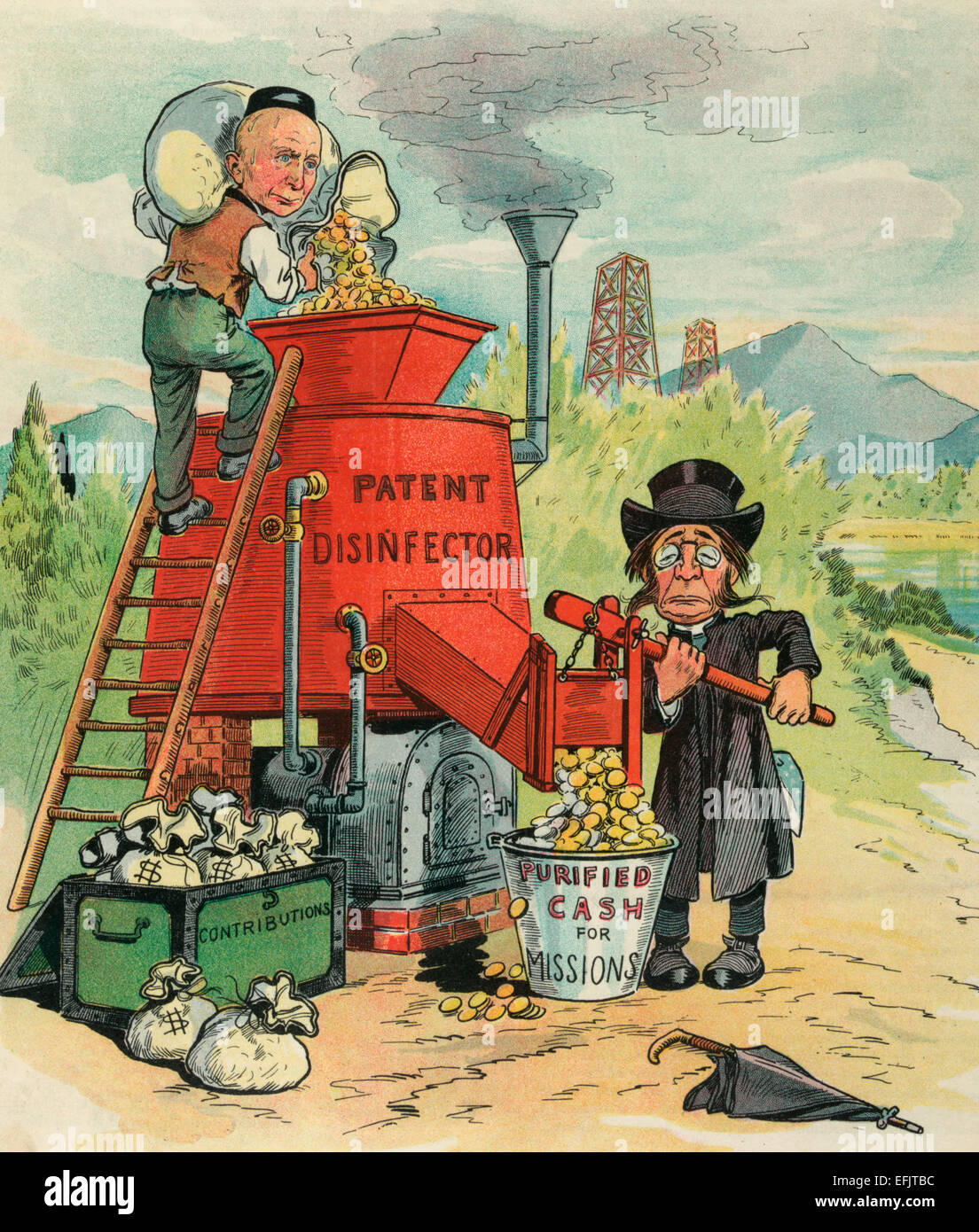 The cash purification plant - Illustration shows John D. Rockefeller standing on a ladder, dumping coins into a 'Patent Disinfector' as a member of the clergy opens a slot and coins pour into a bucket labeled 'Purified Cash for Missions'. An open trunk labeled 'Contributions', full of money bags, is at the base of the ladder.  Political cartoon, circa 1905 Stock Photo