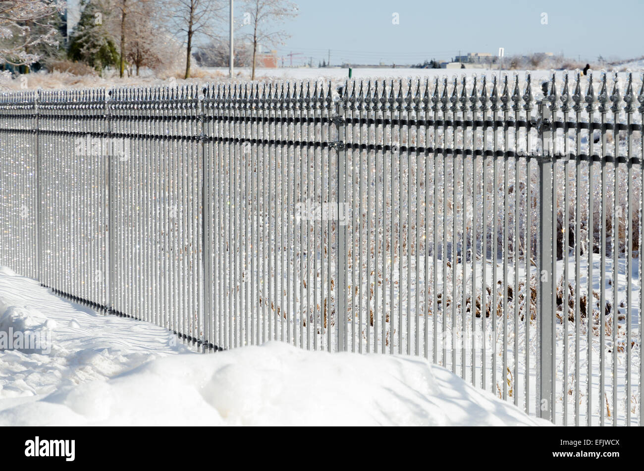 Metal fence encased in ice after a freezing rain storm Stock Photo - Alamy