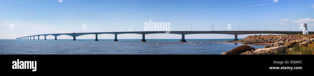 Panoramic view of Confederation Bridge with Borden-Carleton lighthouse from Prince Edward Island, Canada Stock Photo