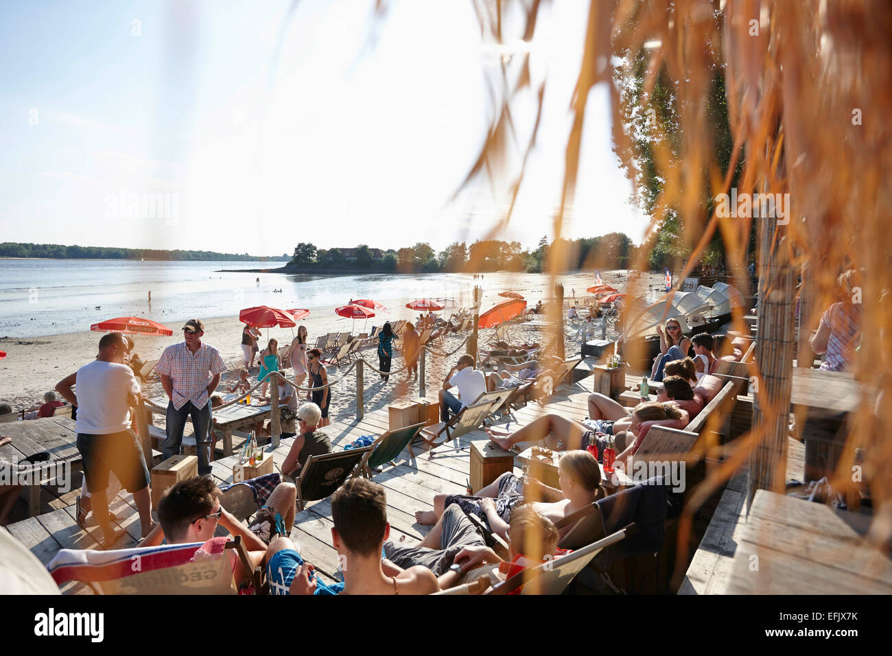28 grad, Beach Club Wedel, Elbe river beach, northern Hamburg, Germany Stock Photo