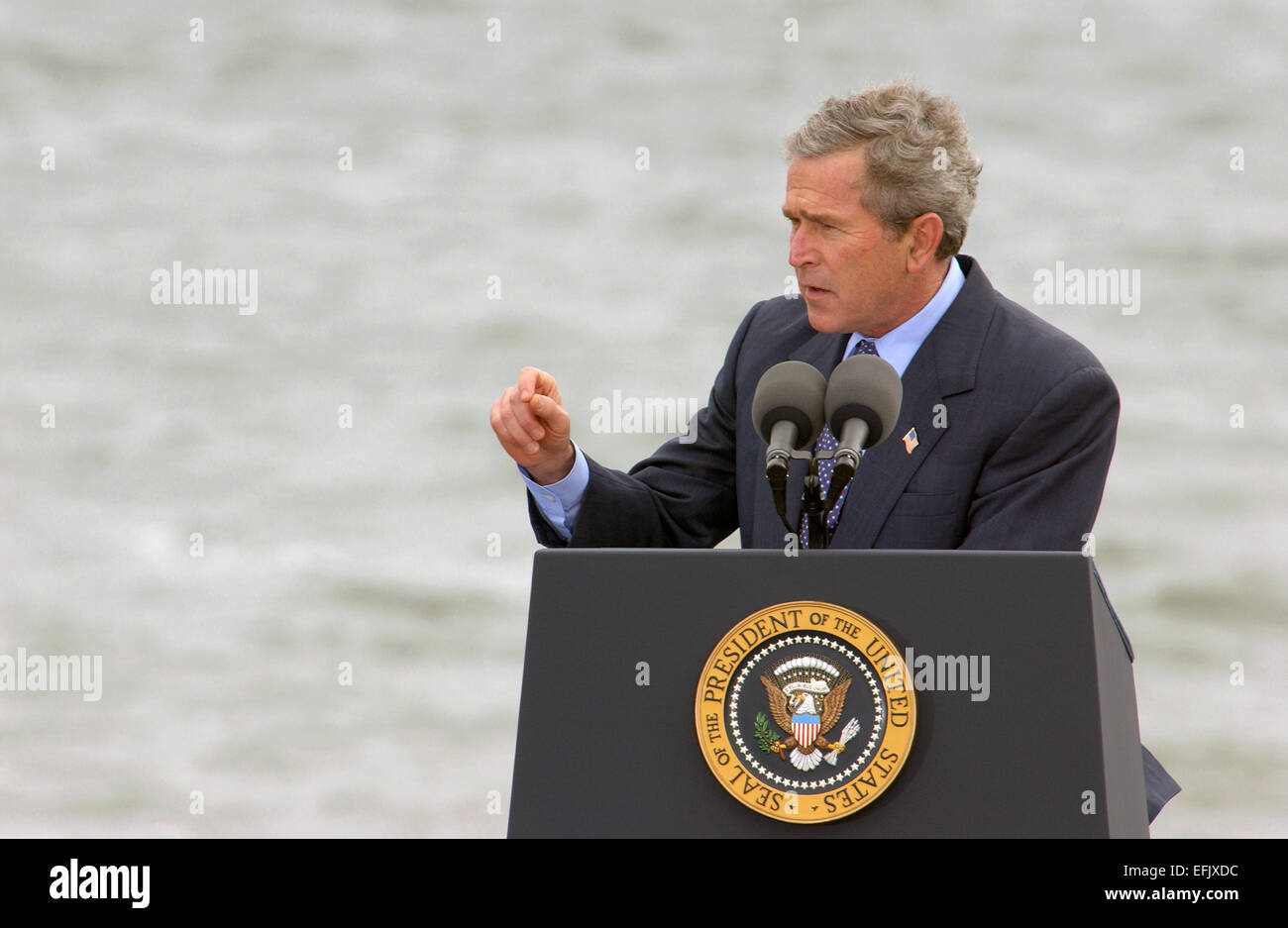 US President George W. Bush addresses homeland security and the war against terrorism during a visit to the Union Pier February 5, 2004 in Charleston, South Carolina. Stock Photo