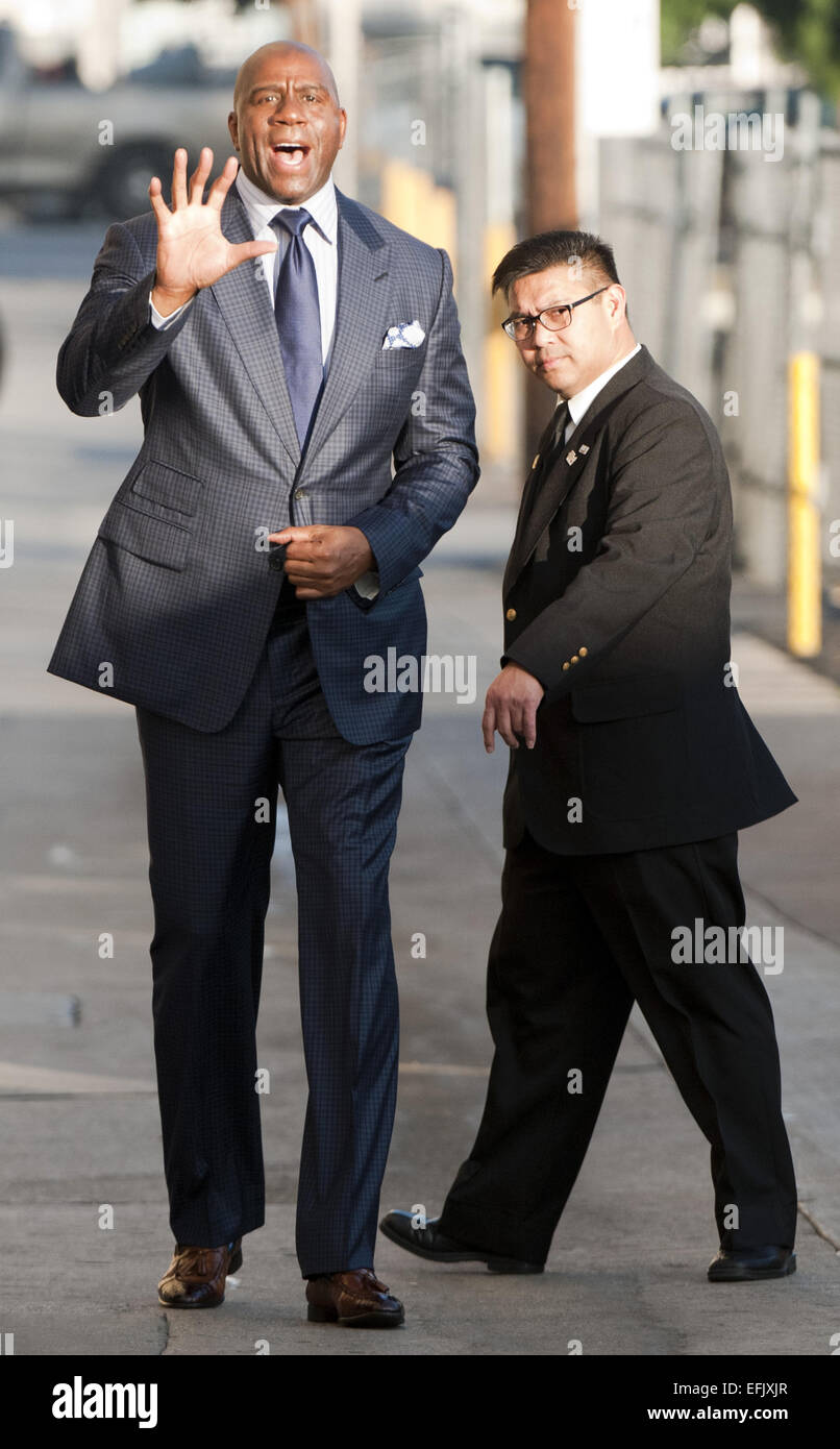 Hollywood, California, USA. 5th Feb, 2015. Former Lakers Basketball guard Magic Johnson, along with American actor, Scott Foley arrive at Jimmy Kimmel Live! in Hollywood, sneaking in and out on Thursday afternoon. Magic stopped momentarily to greet fans and sign autographs before going in for his appearance. Credit:  David Bro/ZUMA Wire/Alamy Live News Stock Photo
