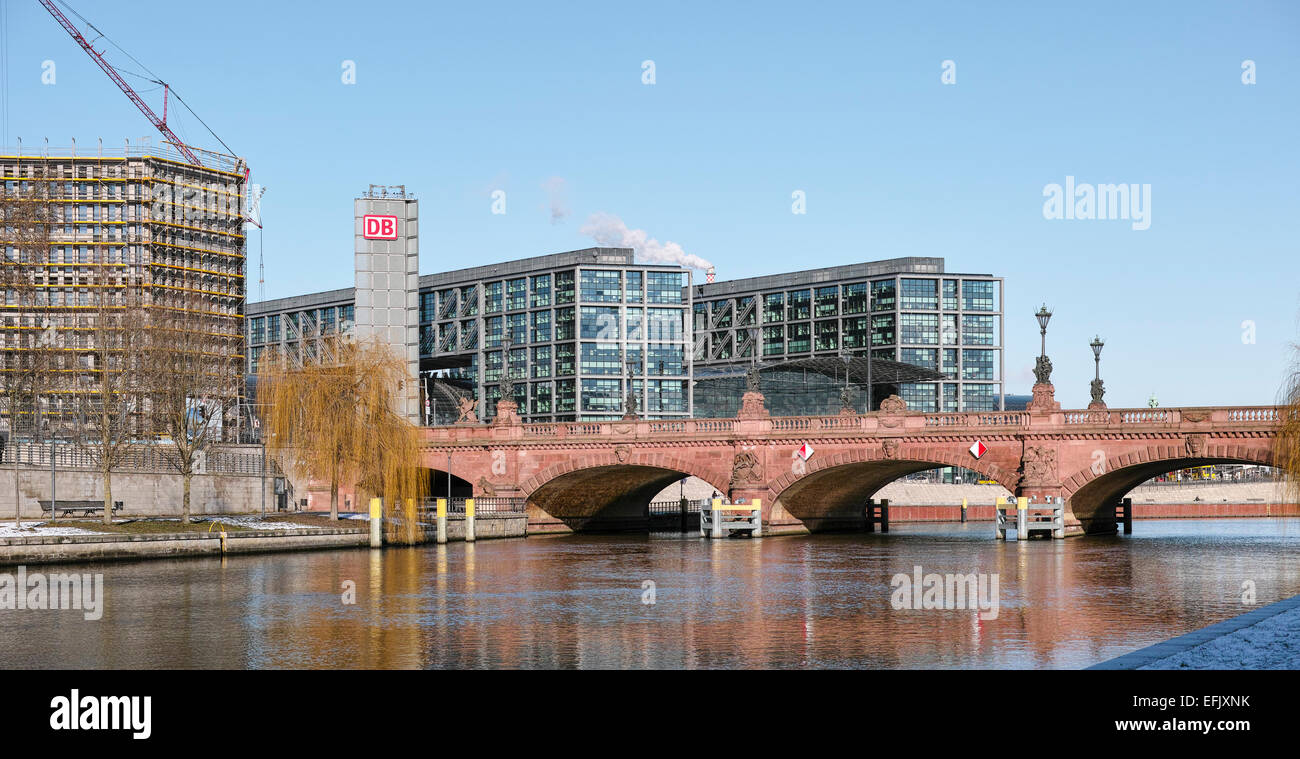 Berlin railway Central Station entrance. View from river Spree. Stock Photo