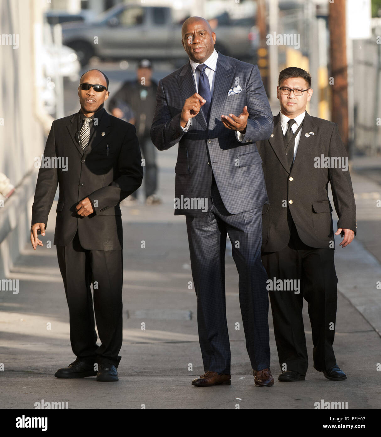 Hollywood, California, USA. 5th Feb, 2015. Former Lakers Basketball guard Magic Johnson, along with American actor, Scott Foley arrive at Jimmy Kimmel Live! in Hollywood, sneaking in and out on Thursday afternoon. Magic stopped momentarily to greet fans and sign autographs before going in for his appearance. Credit:  David Bro/ZUMA Wire/Alamy Live News Stock Photo