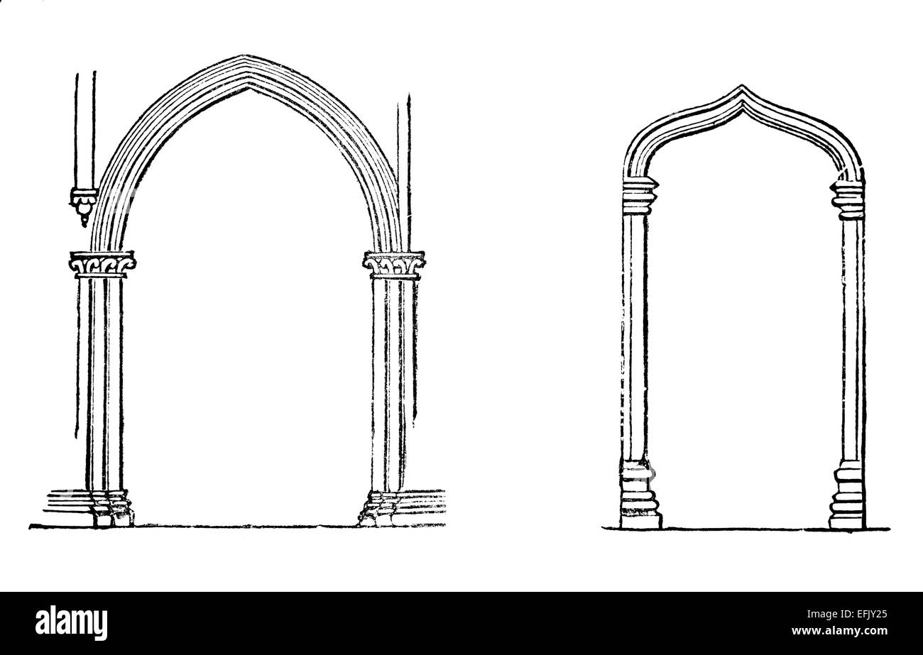 Victorian engraving of a pointed and a tudor arch. Digitally restored image from a mid-19th century Encyclopaedia. Stock Photo