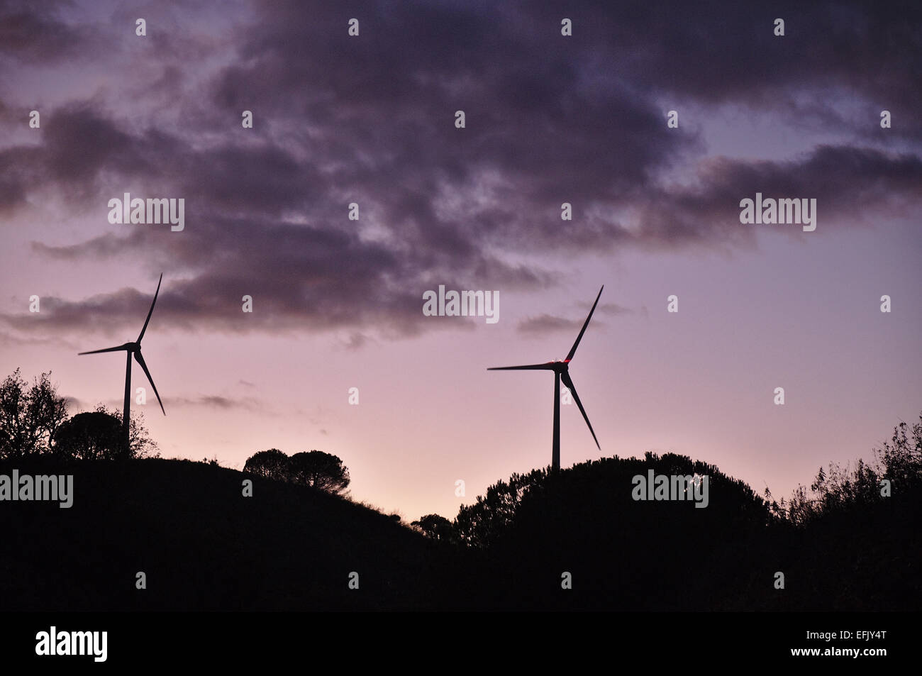Wind turbines during dusk with clouds Stock Photo