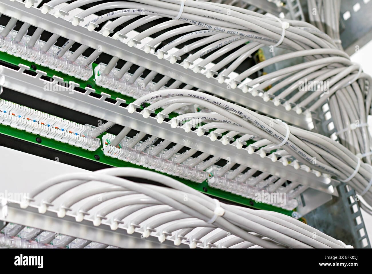 kind of wiring closet patch panels with 6th category in the background