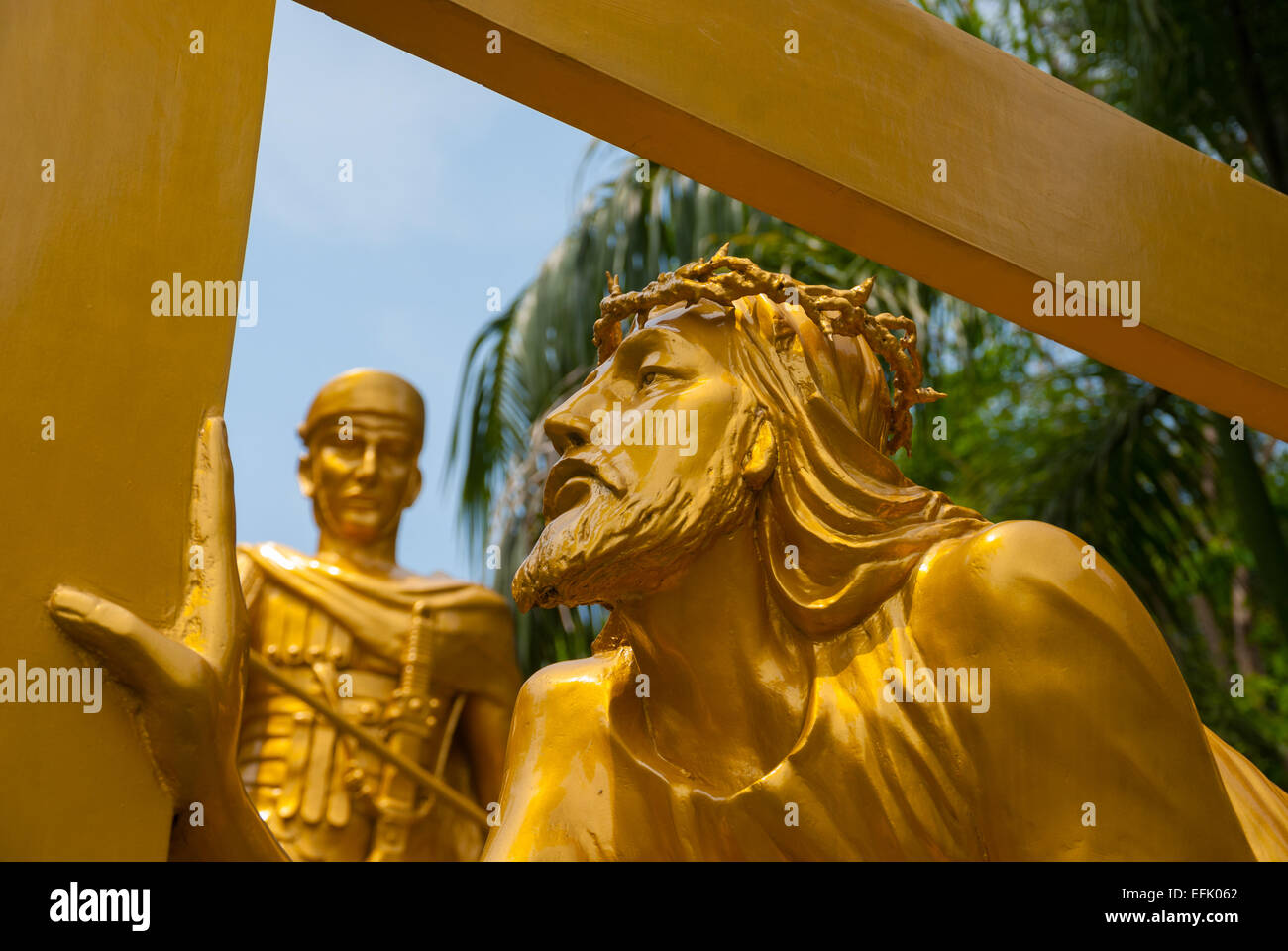 Life-size sculptural scene of Way of the Cross for Roman Catholic spiritual procession at Puh Sarang Church in Kediri, East Java, Indonesia. Stock Photo