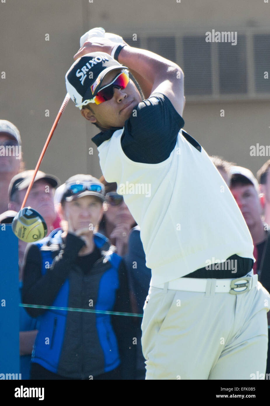 Torery Pines, California, USA. 5th Feb, 2015. Hideki Matsuyama of Japan plays his tee shot on the 10th hole of the north course to start his first round of the Farmers Insurance Open at Torrey Pines Golf Course on February 5, 2015 in San Diego, California. Credit:  Doug Gifford/ZUMA Wire/Alamy Live News Stock Photo