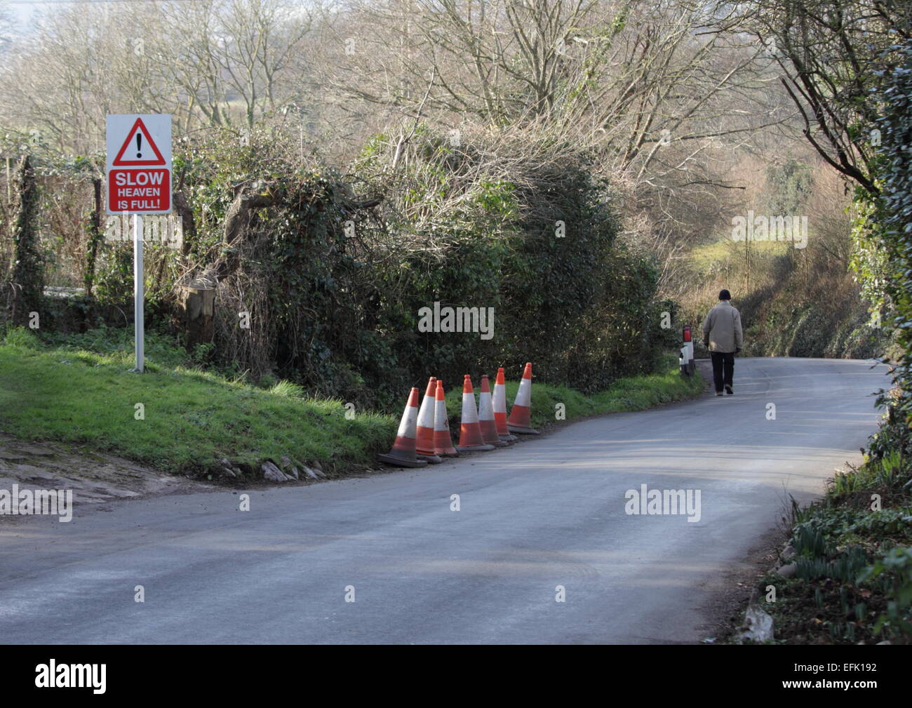 Funny road sign to slow drivers down in narrow lane in Devon England Stock Photo