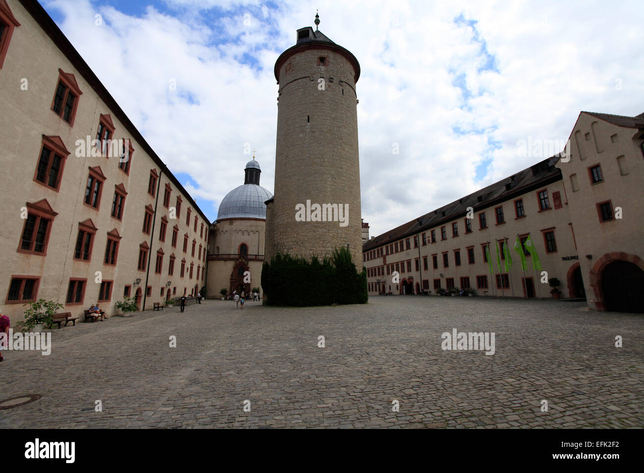 The interior courtyard of the fortress Marienberg in Wuerzburg with Bergfried and St. Mary's Church. The fortress is surrounded by vineyards and overlooks the ancient university city with its domes, towers and bridges. Photo: Klaus Nowottnick Date: August Stock Photo