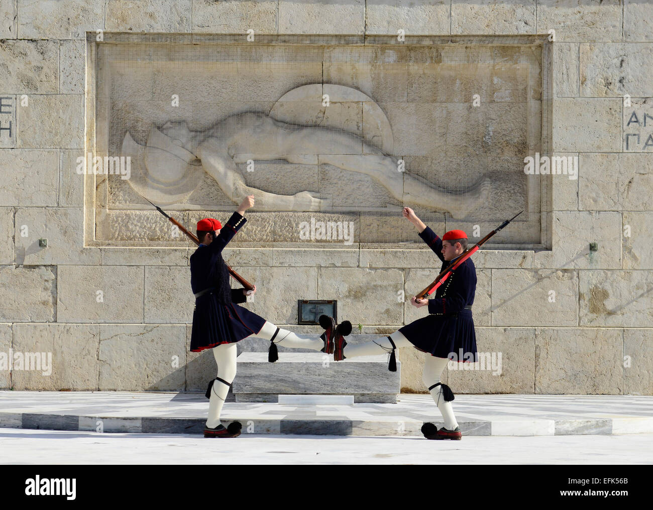 Athens Parliament guards during a shift change ceremony. Stock Photo