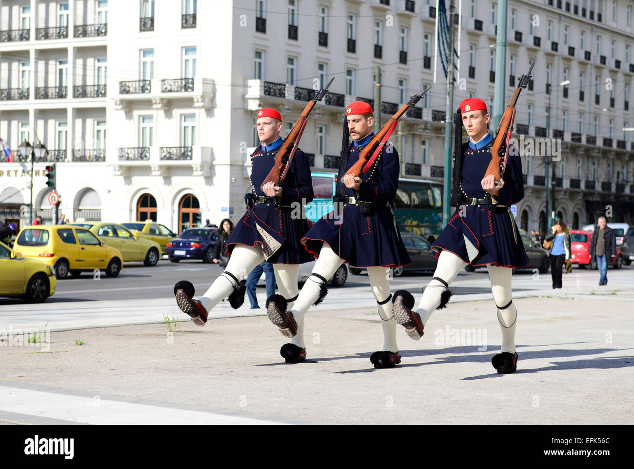 Athens Parliament guards during a shift change ceremony. Stock Photo