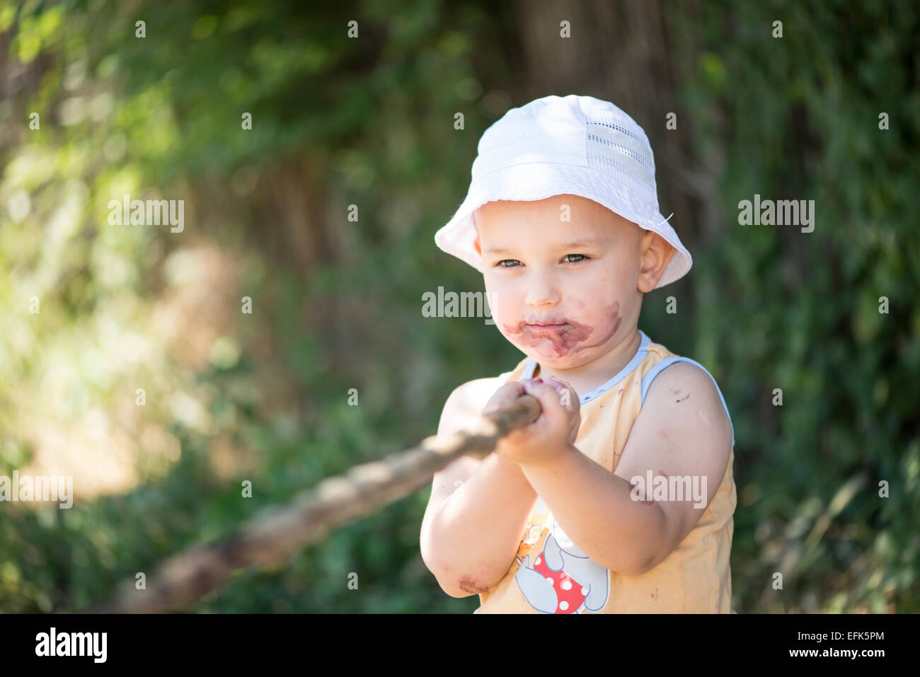 Child dirty mouth by mulberries with a stick in hand Stock Photo