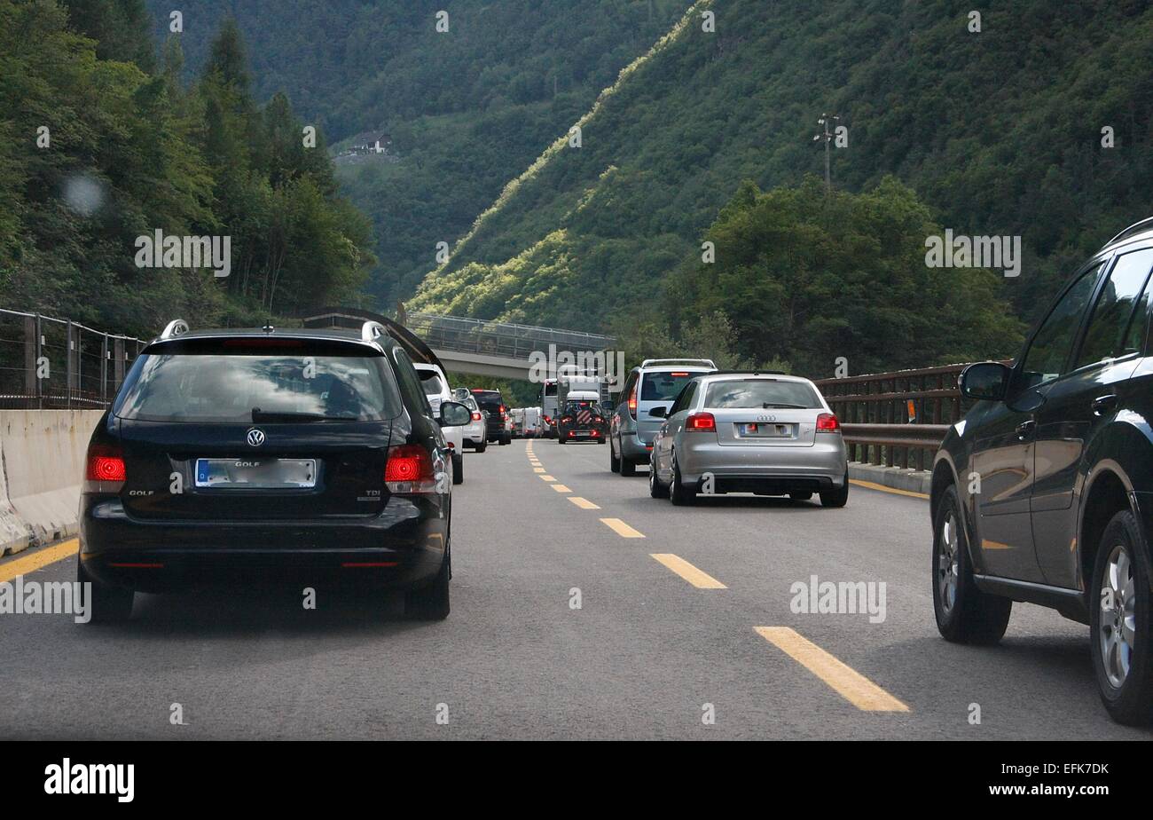 The Brenner highway is the main and only highway connection from north to south and vice versa. Thereby there is on this highway always a high traffic, particularly during the holiday season. It was built in the 1960s and 1970s as one of the first mountain Stock Photo