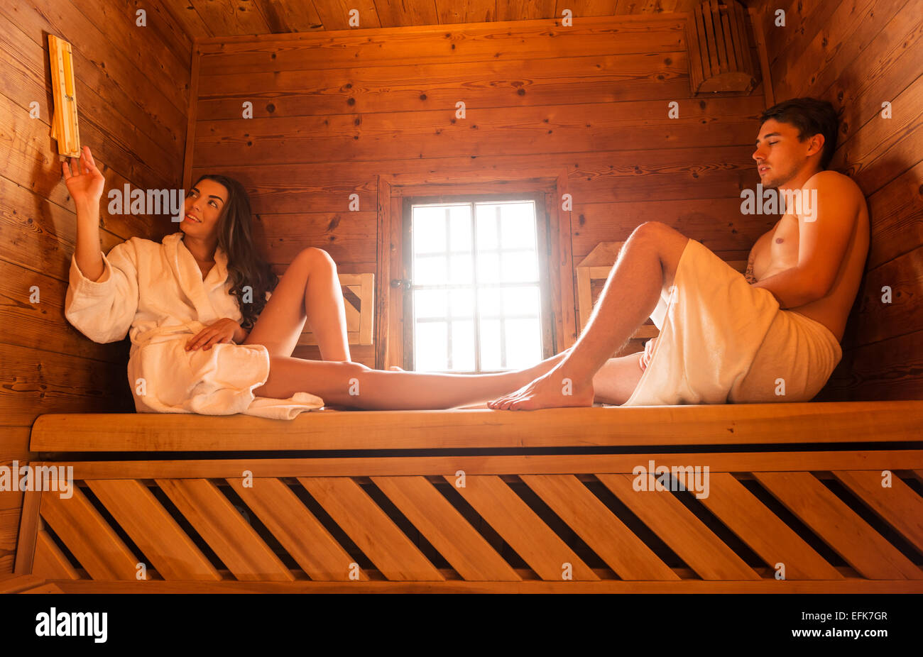 Young couple in sauna Stock Photo