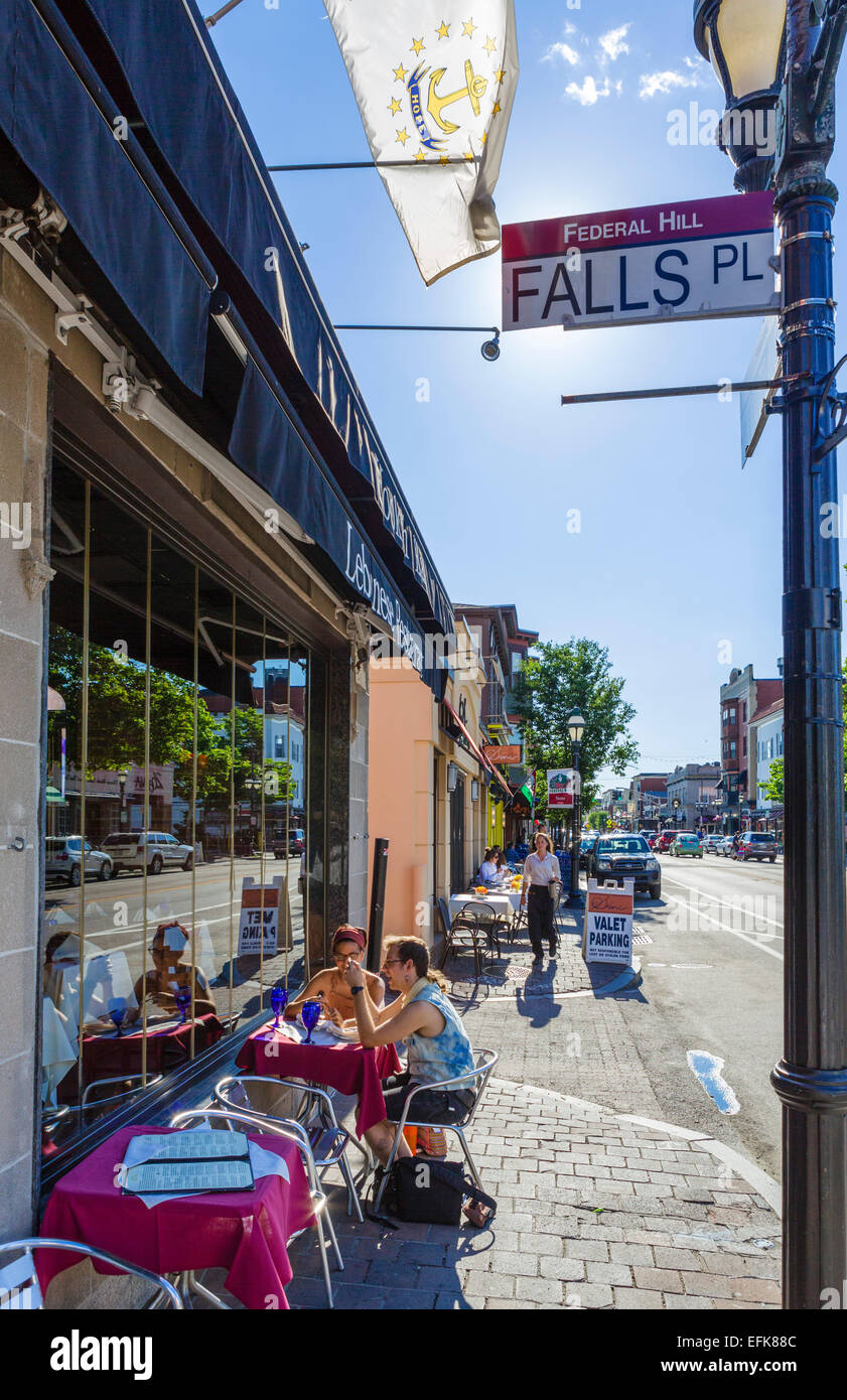 Sidewalk restaurant on Falls Place, Atwells Avenue, Federal Hill District, Providence, Rhode Island, USA Stock Photo