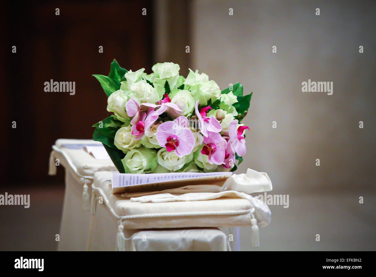 altar with a bouquet of flowers for a wedding Stock Photo