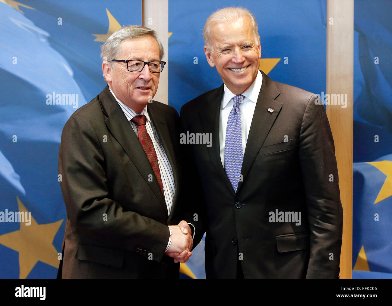 Brussels, Belgium. 6th Feb, 2015. European Commission President Jean-Claude Juncker (L) greets visiting U.S. Vice President Joe Biden prior to their meeting at EU headquarters in Brussels, Belgium, on Feb. 6, 2015. Ukraine and the isssue of free trade will top the agenda of Joe Biden's visit to the EU. Credit:  Zhou Lei/Xinhua/Alamy Live News Stock Photo