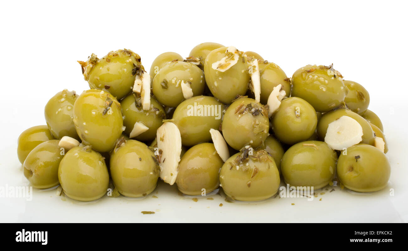 Whole green olives pickled mediterranean style Stock Photo