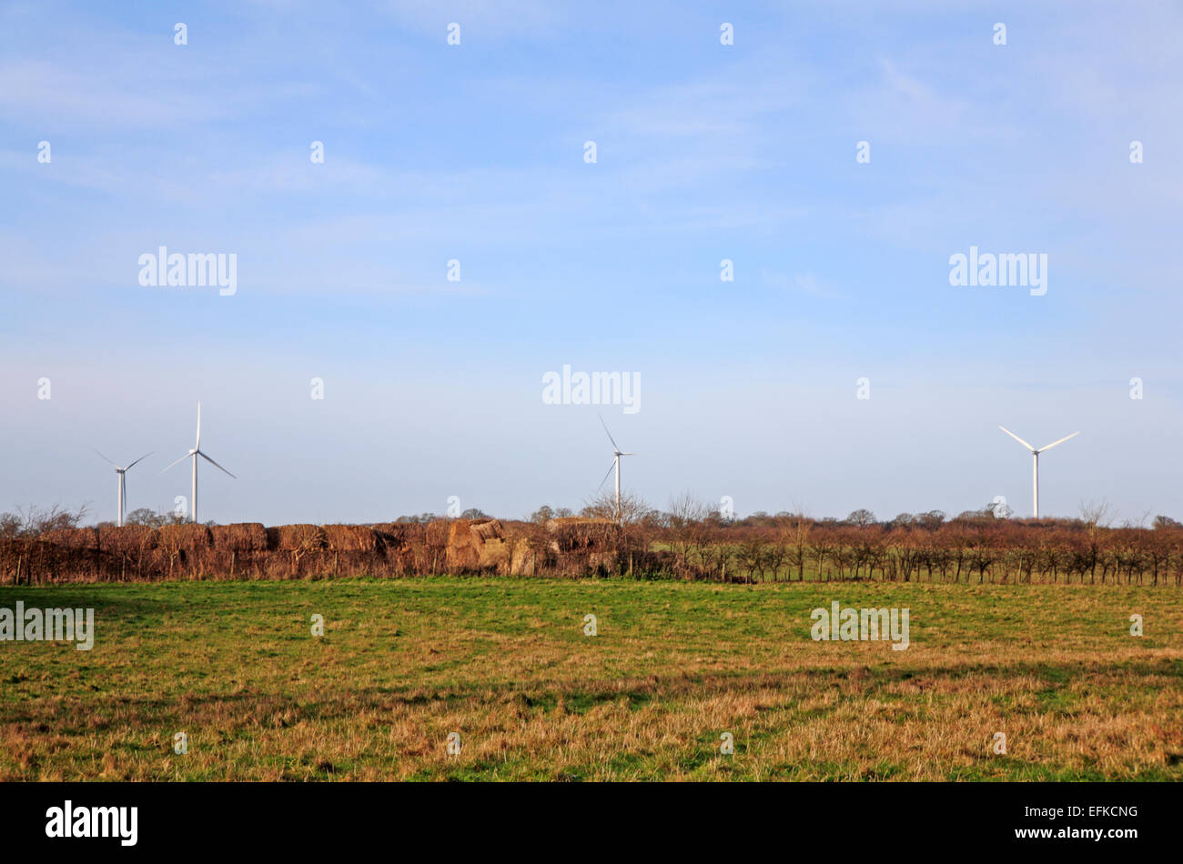 A view of an onshore wind farm at Jack's Lane near South Creake, Norfolk, England, United Kingdom. Stock Photo