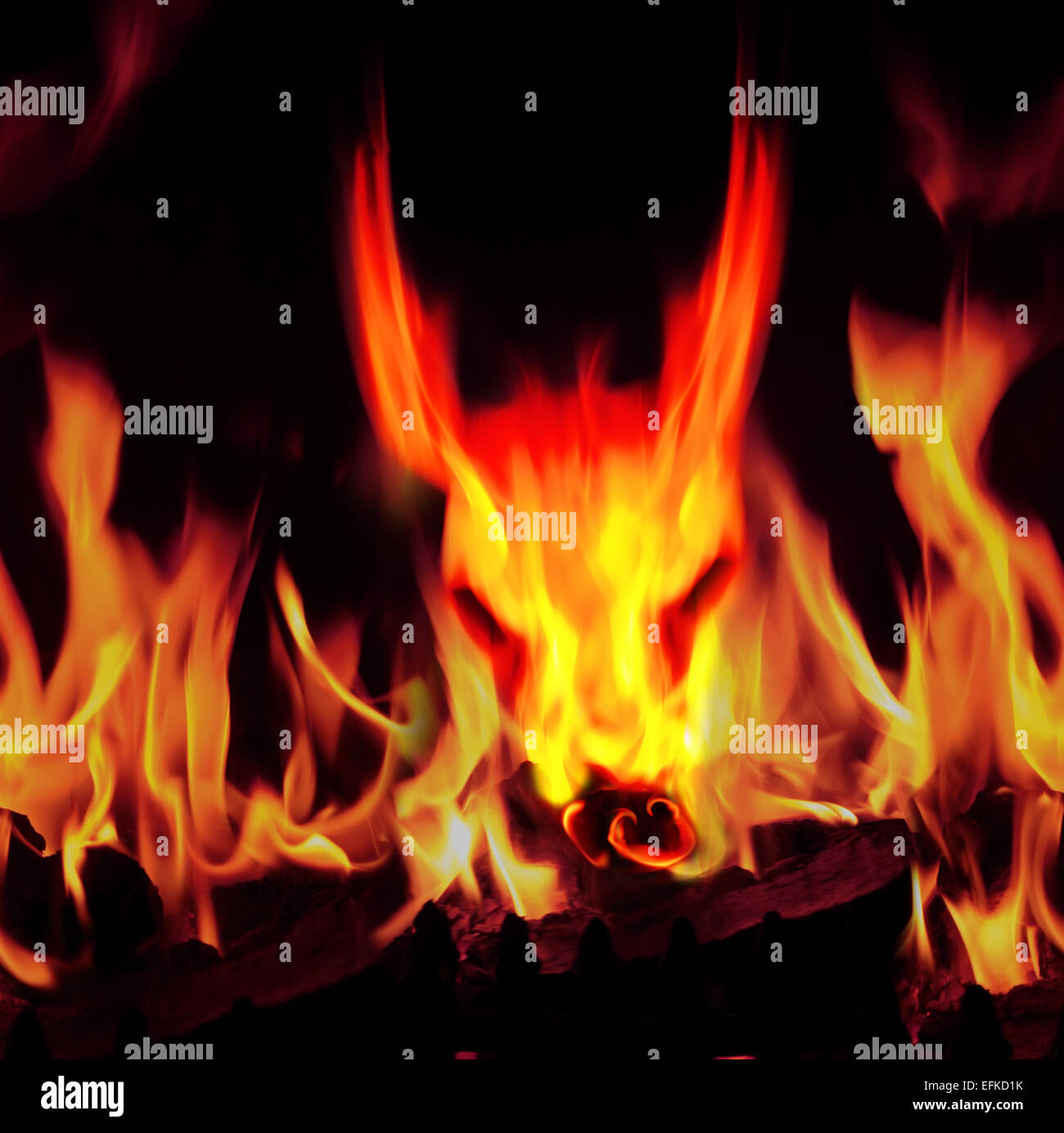 bright flames with a face of a beast from hells flames Stock Photo