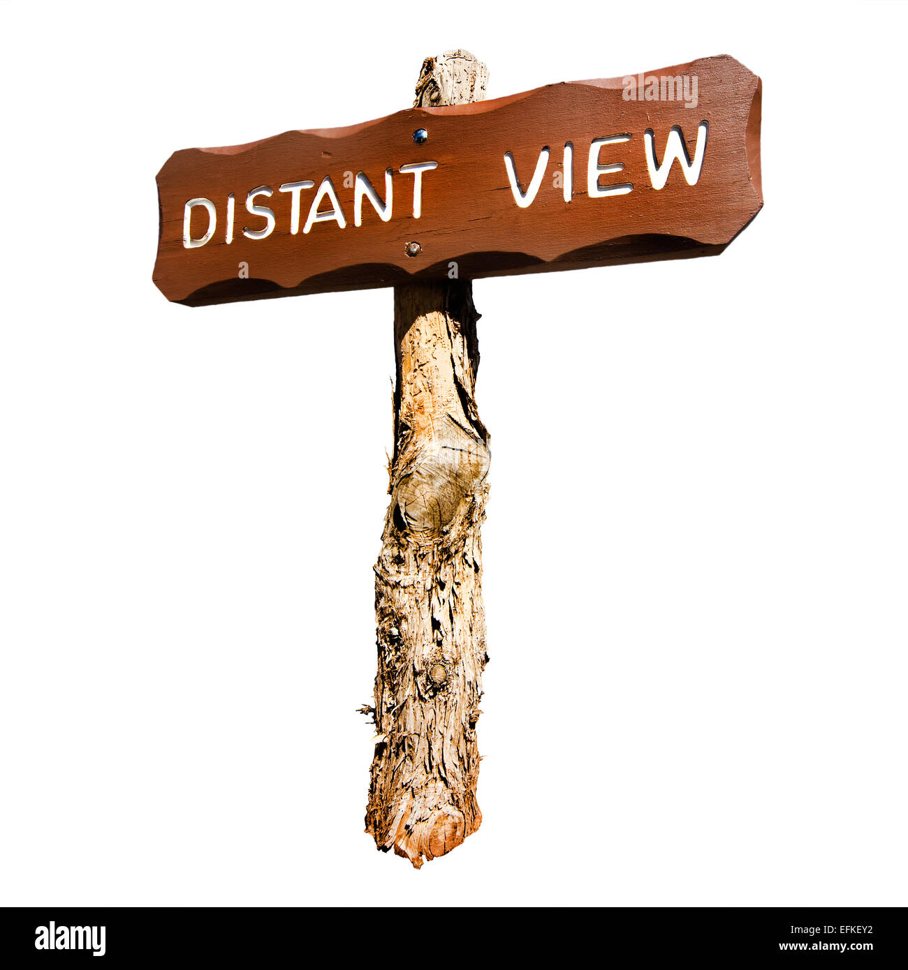 Rustic sign with the words DISTANT VIEW on a rough post. Cutout, cut out, silo silhouette, on a white background. Stock Photo