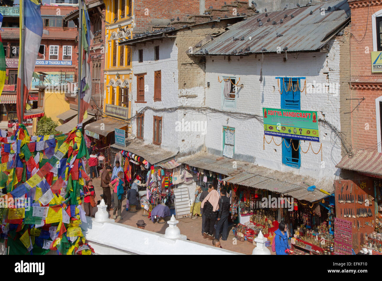 Shops around Bodnath the largest stupa in Nepal Durbar Square Kathmandu Stock Photo